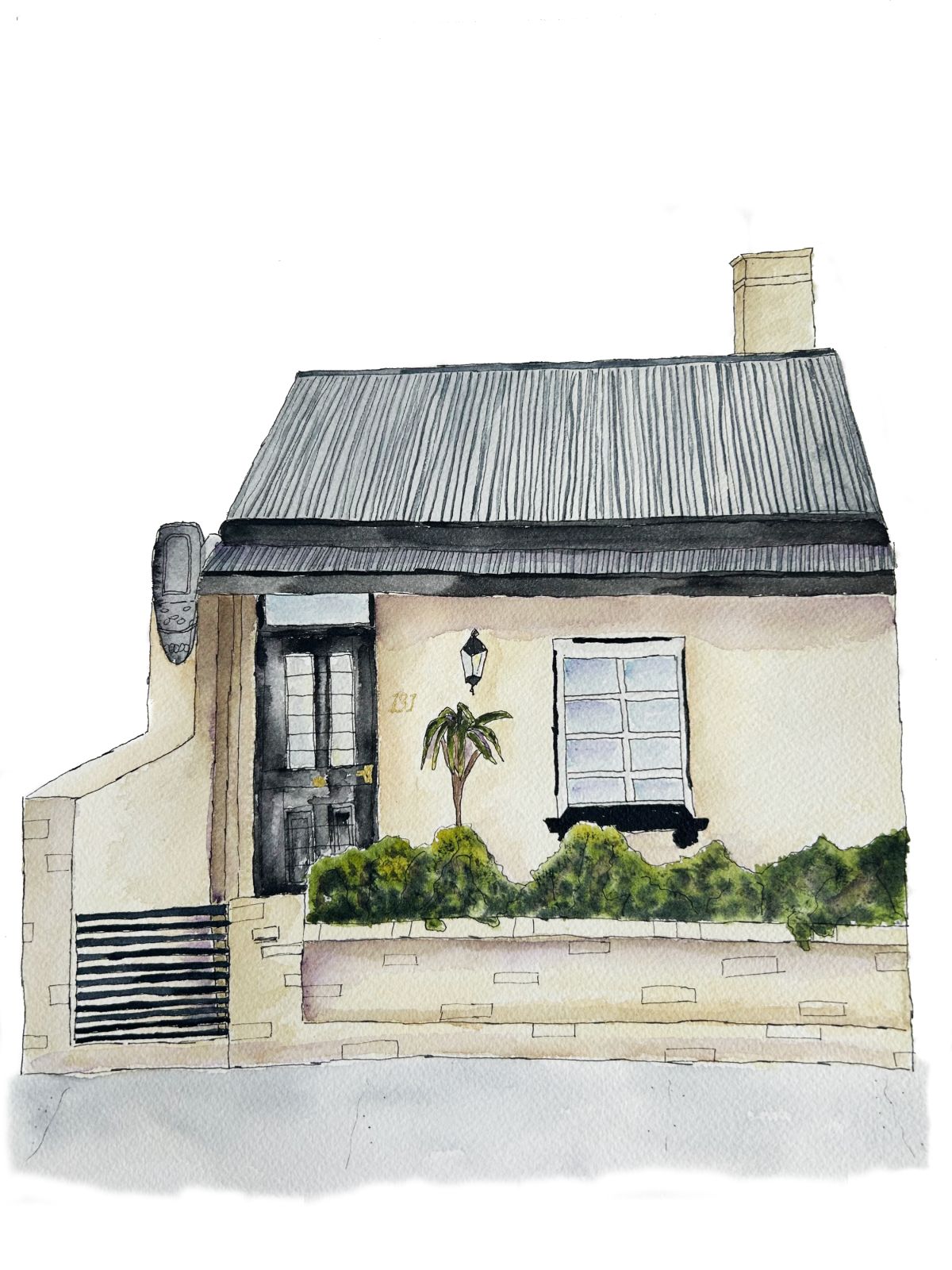 Stanmore terrace watercolour image in a grey-blue