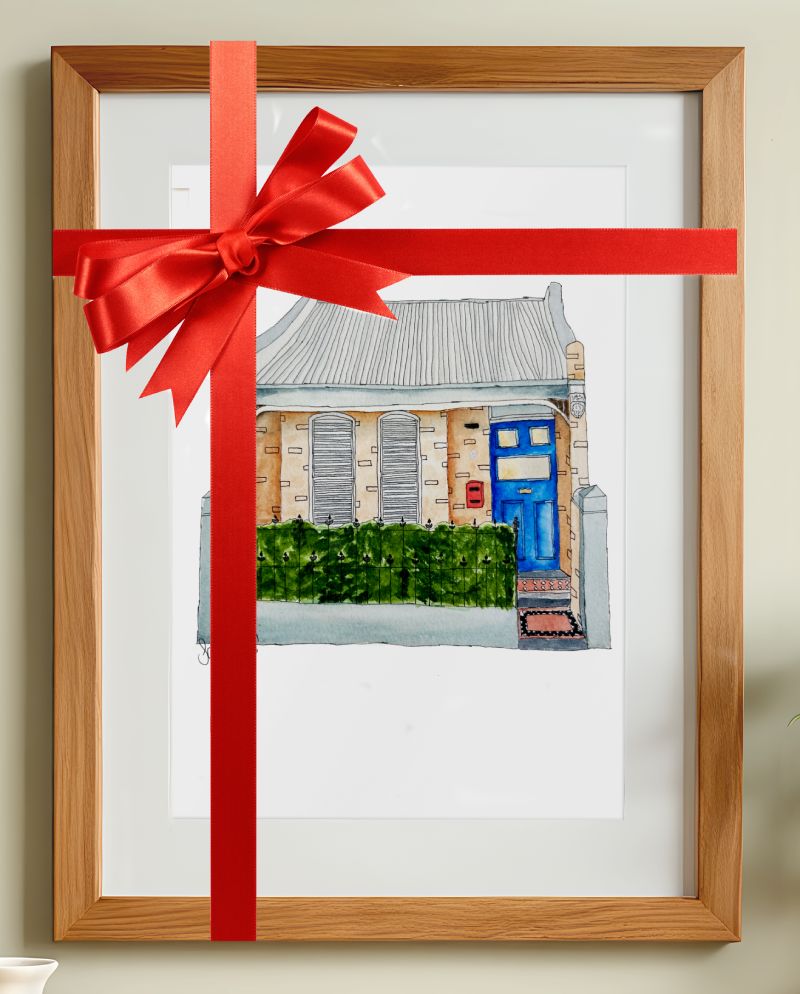 Stanmore terrace watercolour image in a grey-blue