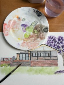 Handpainted watercolour image of a federation style home