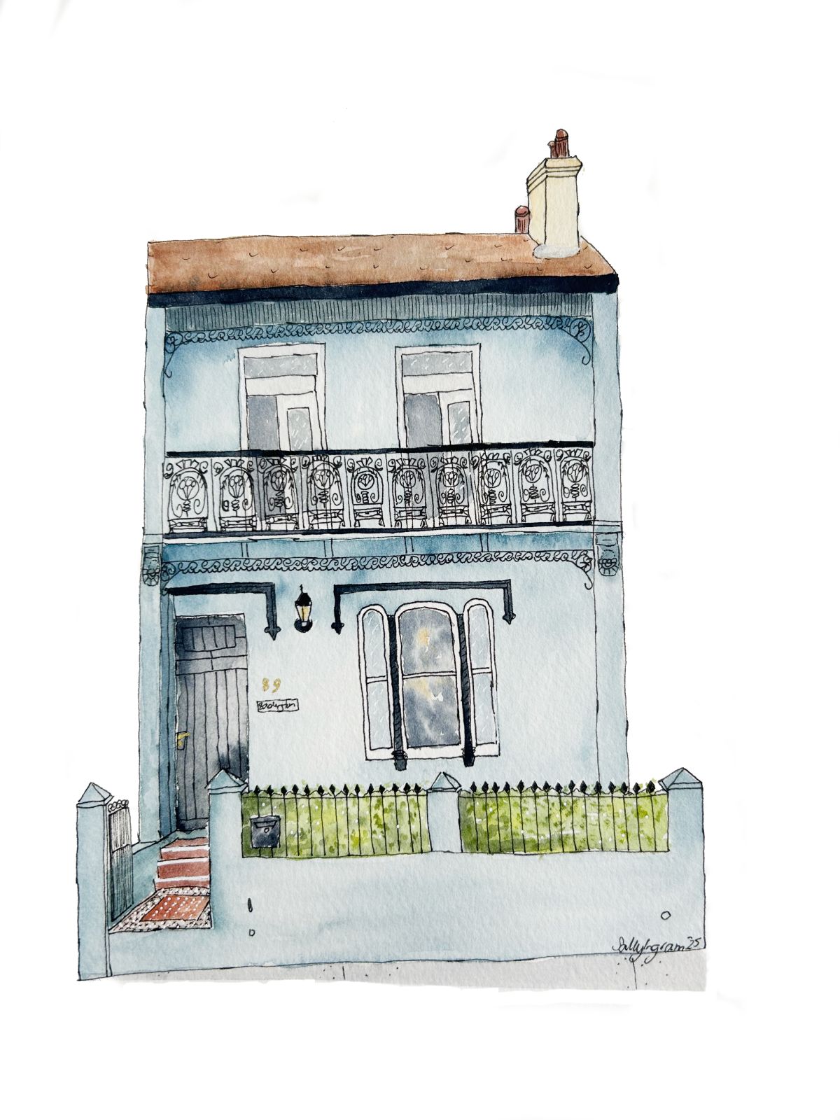 Stanmore terrace watercolour image in a grey-blue