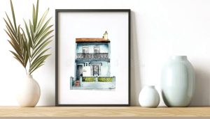 Handpainted watercolour image of a federation style home